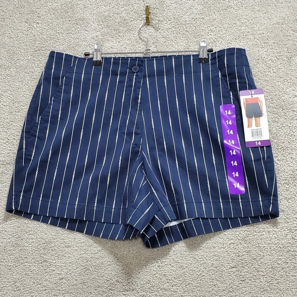 Nautica Shorts Women's 14 Navy Blue Mid Rise Twill Striped Lined Chino‎ Nautical
